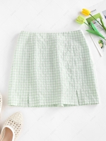 ZAFUL Gingham Seersucker Slit Mini Skirt M Light green