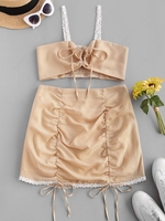 ZAFUL Gingham Self-tie Lace Panel Ruched Two Piece Dress M Deep yellow