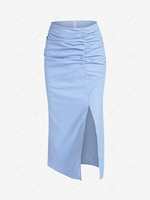 ZAFUL Gingham Slit Ruched Midi Skirt Xl Light blue