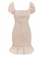 ZAFUL Gingham Smocked Flounce Puff Sleeve Dress S Light coffee