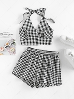 ZAFUL Gingham Smocked Halter Shorts Set M Black