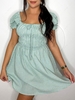 ZAFUL Gingham Smocked Puff Sleeve Skater Dress L Light green