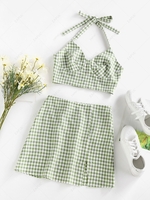 ZAFUL Gingham Smocked Slit Mini Skirt Set M Light green