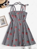 ZAFUL Gingham Strawberry Print Tie Shoulder Mini Dress S Black