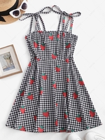 ZAFUL Gingham Strawberry Print Tie Shoulder Mini Dress S Black