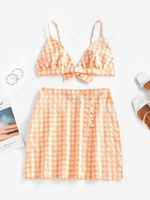 ZAFUL Gingham Textured Cami Top and Skirt Set L Orange
