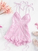 ZAFUL Gingham Tie Shoulder Cami Romper Xl Light pink