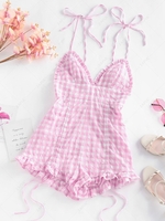 ZAFUL Gingham Tie Shoulder Cami Romper Xl Light pink
