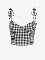 ZAFUL Gingham Tie Shoulder Smocked Crop Top L Black