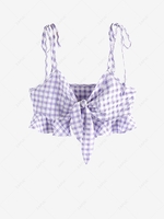 ZAFUL Gingham Tie Strap Ruffle Knot Cami Top S Light purple