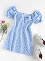 ZAFUL Gingham Twisted Ruffle Puff Sleeve Dress S Light blue