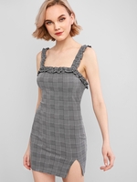 ZAFUL Glen Check Slit Ruffled Strap Dress Xl Carbon gray