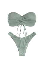 ZAFUL Glitter Lurex Underwire Push Up Crossover Sweetheart Neck High Cut Cheeky Bikini Set Light green