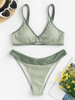 ZAFUL Glitter V Cut O Ring Colorblock Cheeky Bikini Set Light green