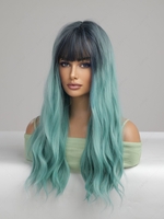 zaful Gray-blue Gradient Green See-through Bang Fluffy Wavy Synthetic Wig