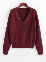 ZAFUL Grommet V Neck Drop Shoulder Sweater S Deep red