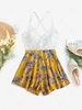 ZAFUL Guipure Flower Criss Cross Wide Leg Romper M Yellow