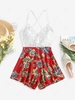 ZAFUL Guipure Flower Criss Cross Wide Leg Romper S Ruby red