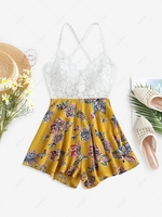 ZAFUL Guipure Flower Criss Cross Wide Leg Romper S Yellow