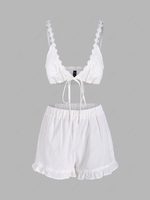 ZAFUL Guipure Lace Floral Ruffle Tie Front Two Piece Set Xl White