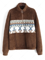 ZAFUL Half Zipper Tribal Print Fluffy Sweatshirt S Deep coffee