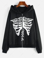 ZAFUL Halloween Skeleton Zip Up French Terry Lined Hoodie Xl Black
