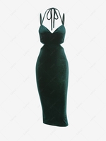 ZAFUL Halter Back Slit Cut Out Velvet Midi Dress S Deep green