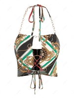 ZAFUL Halter Chain Scarf Print Lace Up Top L Black