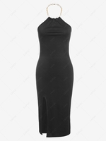 ZAFUL Halter Chain Slit Backless Bodycon Dress S Black