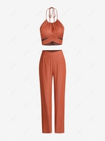 ZAFUL Halter Criss Cross Straight Pants Set L Coffee