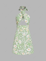 ZAFUL Halter Crisscross Floral Print Cutout Dress S Light green