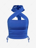 ZAFUL Halter Cross Ruched Cinched Top L Blue