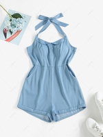 ZAFUL Halter Cuffed Hem Pockets Chambray Romper S Light blue