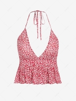 ZAFUL Halter Ditsy Floral Open Back Peplum Hem Top L Red