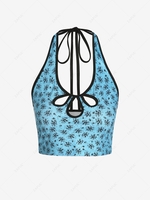 ZAFUL Halter Ditsy Floral Oval Cutout Crop Top L Blue
