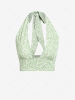 ZAFUL Halter Ditsy Floral Smocked Open Back Crop Top M Light green