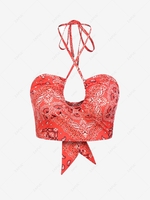 ZAFUL Halter Ethnic Print Bowknot Tie Cinched Crop Top M Red