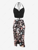 ZAFUL Halter Flower Print Tied Slit Skirt Set Black