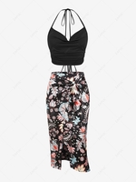 ZAFUL Halter Flower Print Tied Slit Skirt Set Black