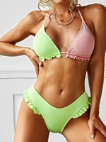ZAFUL Halter Frilled Ribbed Bicolor Bikini Swimwear M Light green