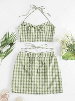 ZAFUL Halter Gingham Crop Top and Skirt Co Ord Set L Light green