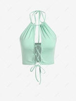 ZAFUL Halter Lace Up Cut Out Open Back Crop Top L Light green