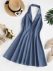 ZAFUL Halter Lapel 80s Backless Chambray Skater Dress L Deep blue