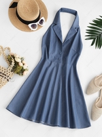 ZAFUL Halter Lapel 80s Backless Chambray Skater Dress L Deep blue