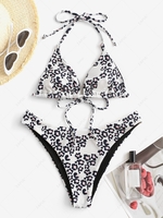 ZAFUL Halter Leopard Ribbed Reversible Bikini Swimwear M Light pink