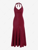ZAFUL Halter Metallic Glitter Open Back Slit Midi Dress S Deep red
