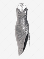 ZAFUL Halter Metallic Sparkle Cinched Midi Dress L Silver