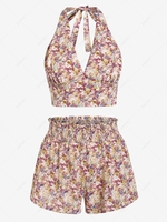 ZAFUL Halter Open Back Ditsy Floral Smocked Two Piece Set L