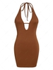 ZAFUL Halter Plunge Front Backless Slinky Dress S Coffee