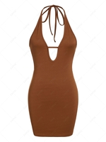 ZAFUL Halter Plunge Front Backless Slinky Dress S Coffee